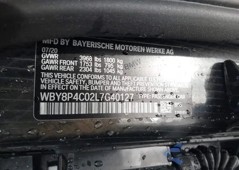 2020 BMW I3 120Ah W/Range Extender z USA, uszkodzony, nr VIN WBY8P4C02L7G40127